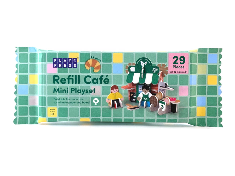 Playpress Mini Refill Café Playset is pocket-sized and wonderful for inspiring imaginative play. With this pack, you’ll be able to build a mini café and assemble a variety of accessories, including miniature food items, a coffee machine, and cash. A shop assistant and customer are also included. Made from our sustainable sourced FSC® (FSC-C004309) certified Playboard, this playset is not only environmentally friendly, but also durable and long-lasting.