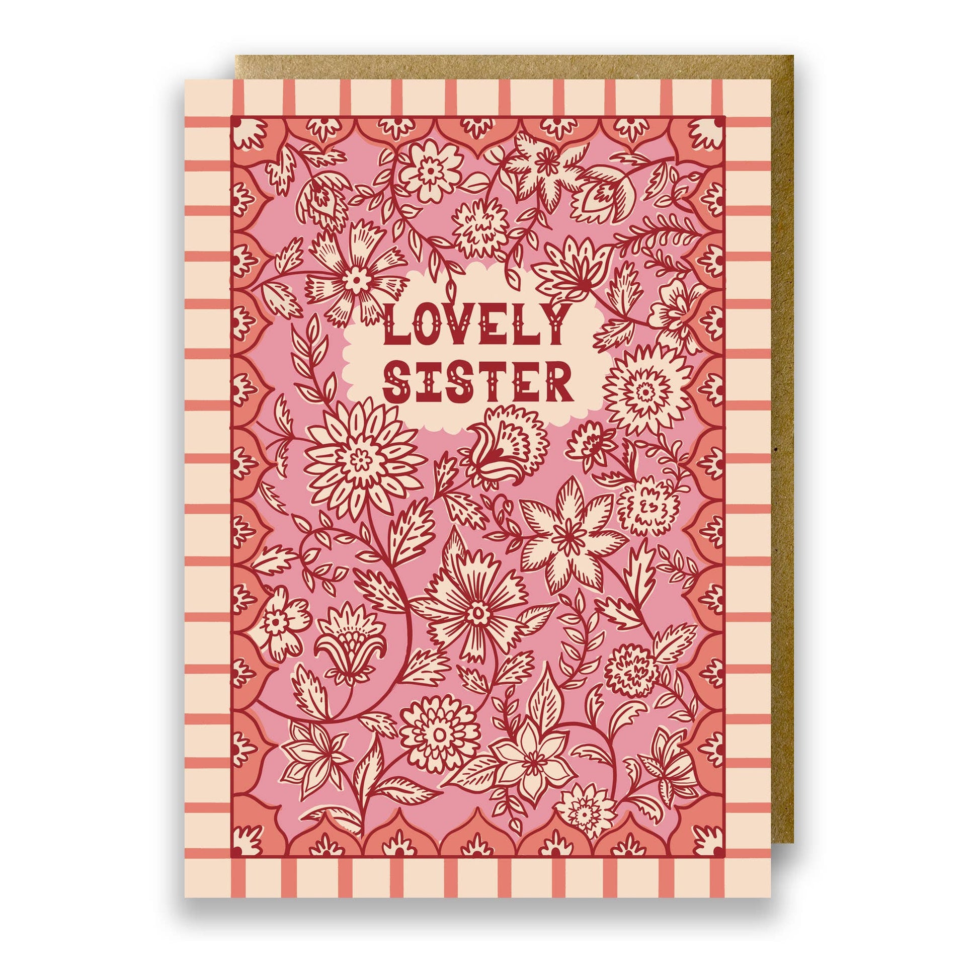 Front view of Indian Floral 'Lovely Sister' birthday card with kraft envelope