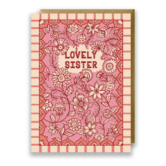 Front view of Indian Floral 'Lovely Sister' birthday card with kraft envelope