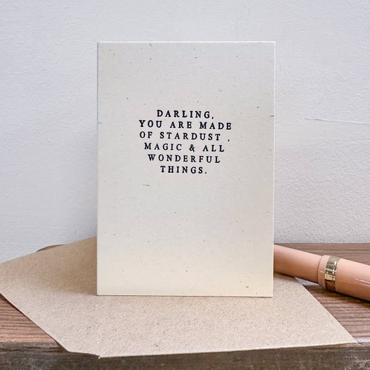 Darling letterpress mini card by Soch & Co., reading “Made of Stardust, Magic and All Wonderful Things,” C7 size, recycled card and envelope.