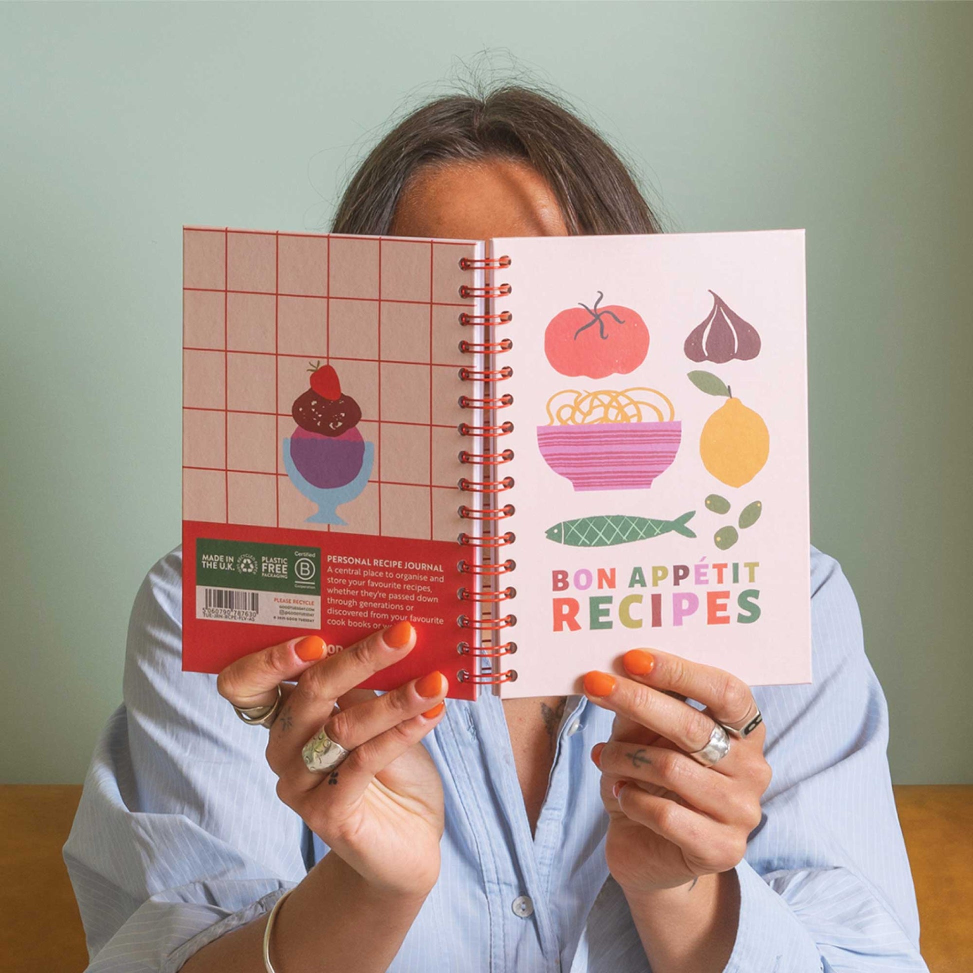 Flavours A5 Hardcover Recipe Journal, front cover with colourful illustrations