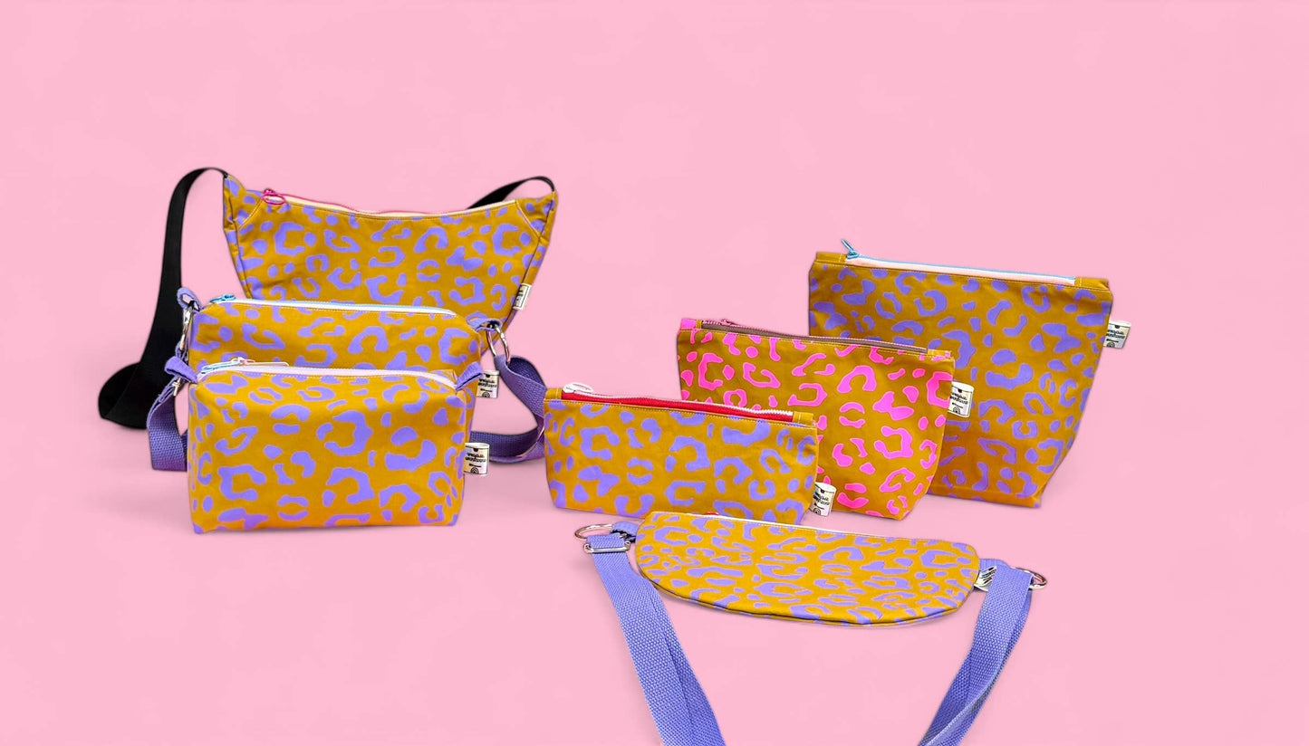 Handprinted Boxy pouch Lilac and Mustard Leopard Print