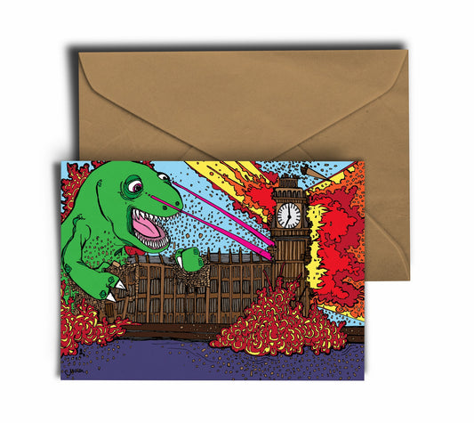 Introducing Dixon Does Doodles' fantastic illustrated world with this playful and colourful Dinosaur Vs Parliament. He's had enough! A giant green dinosaur shoots red lasers from his eyes into the House of Parliament and crushes the building which is surrounded by fire and lava.