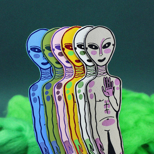 Alien genuine leather bookmark with shiny and matte foil, made in UK, eco-friendly gift.