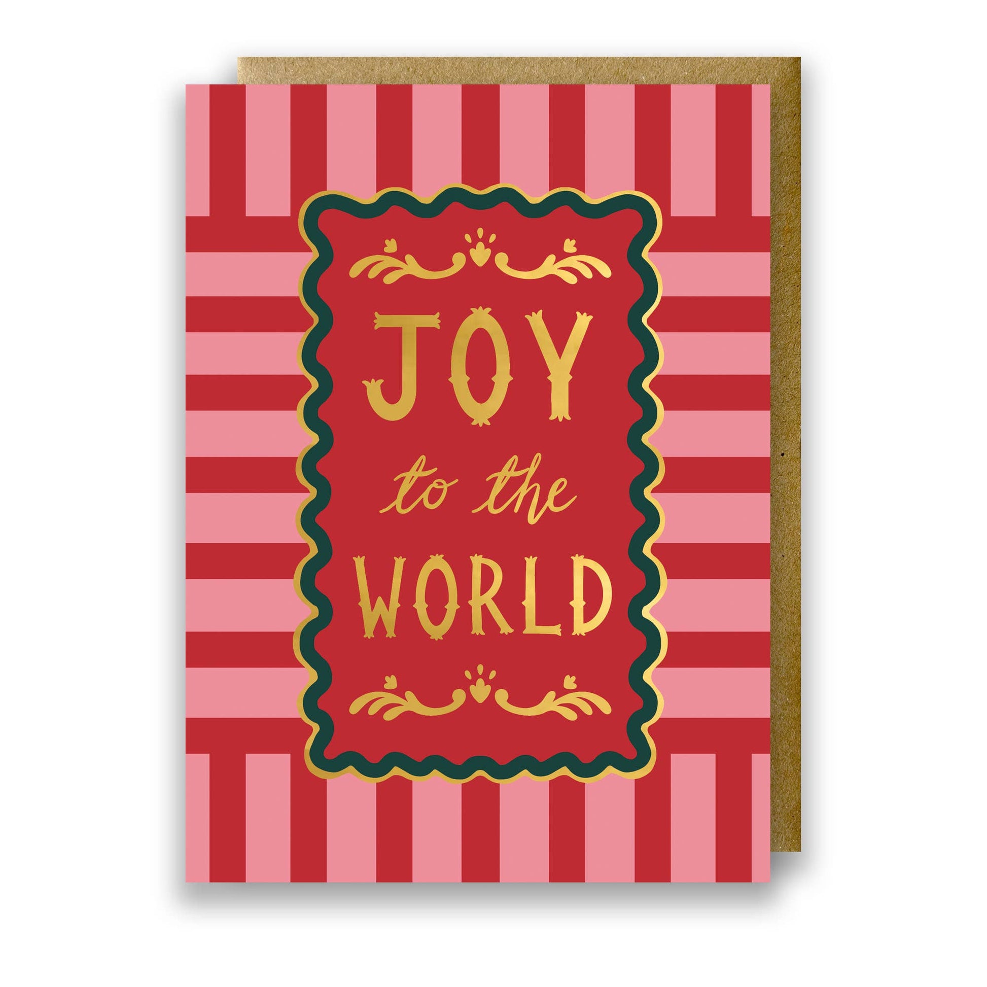 Joy to the World gold foil Christmas card with modern red and pink stripes and kraft envelope