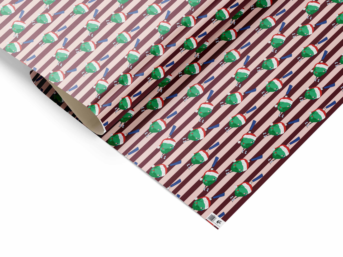 Naughty Sprout Stripes gift wrap with festive sprout in Santa outfit, printed on uncoated recyclable paper.