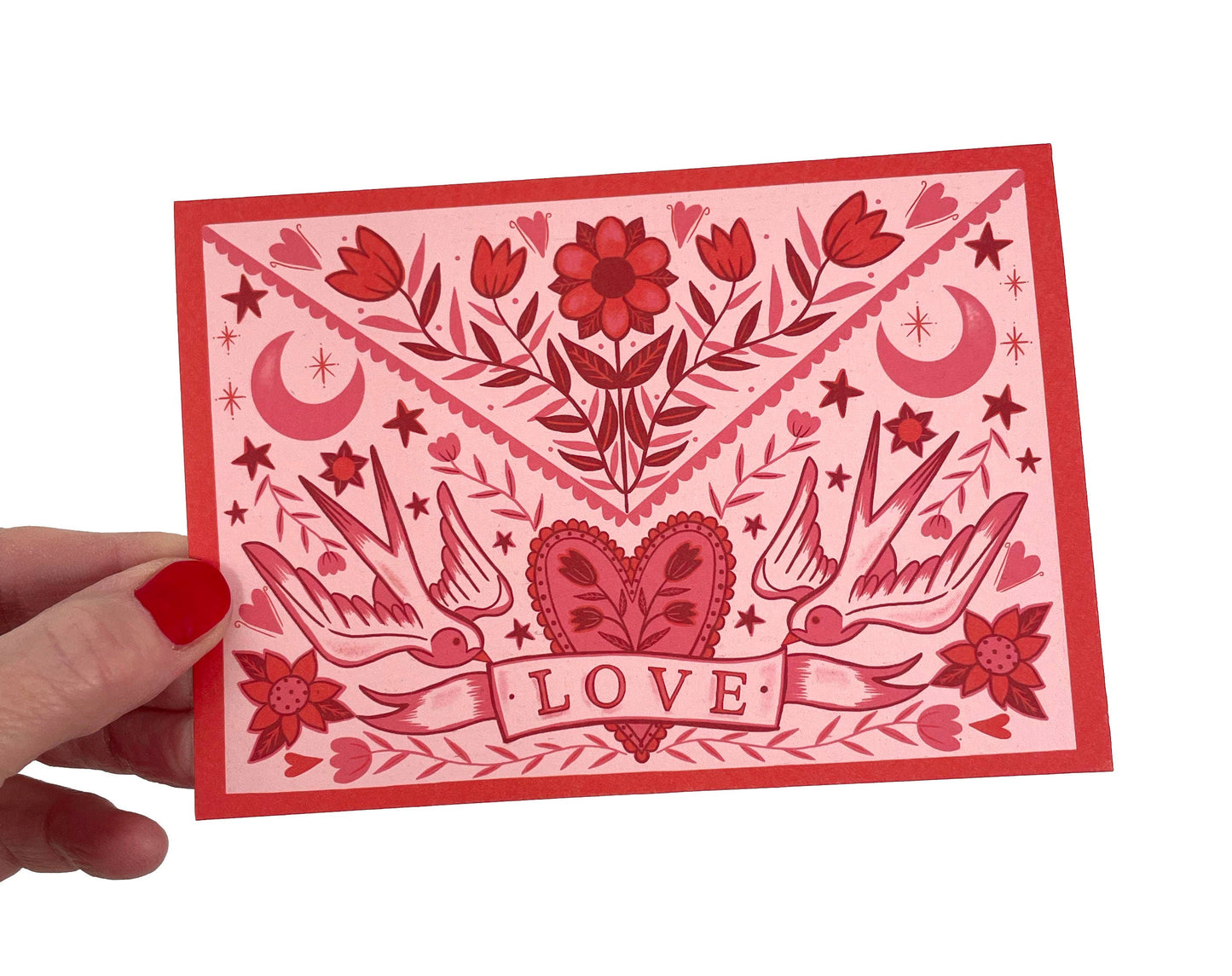 Close up of textured sustainably sourced paper on Folk Art Love card