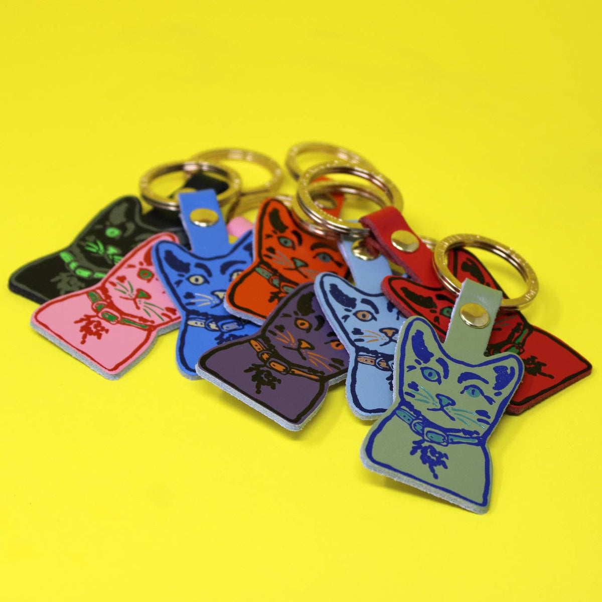 Reverse view of genuine leather tabby cat key ring