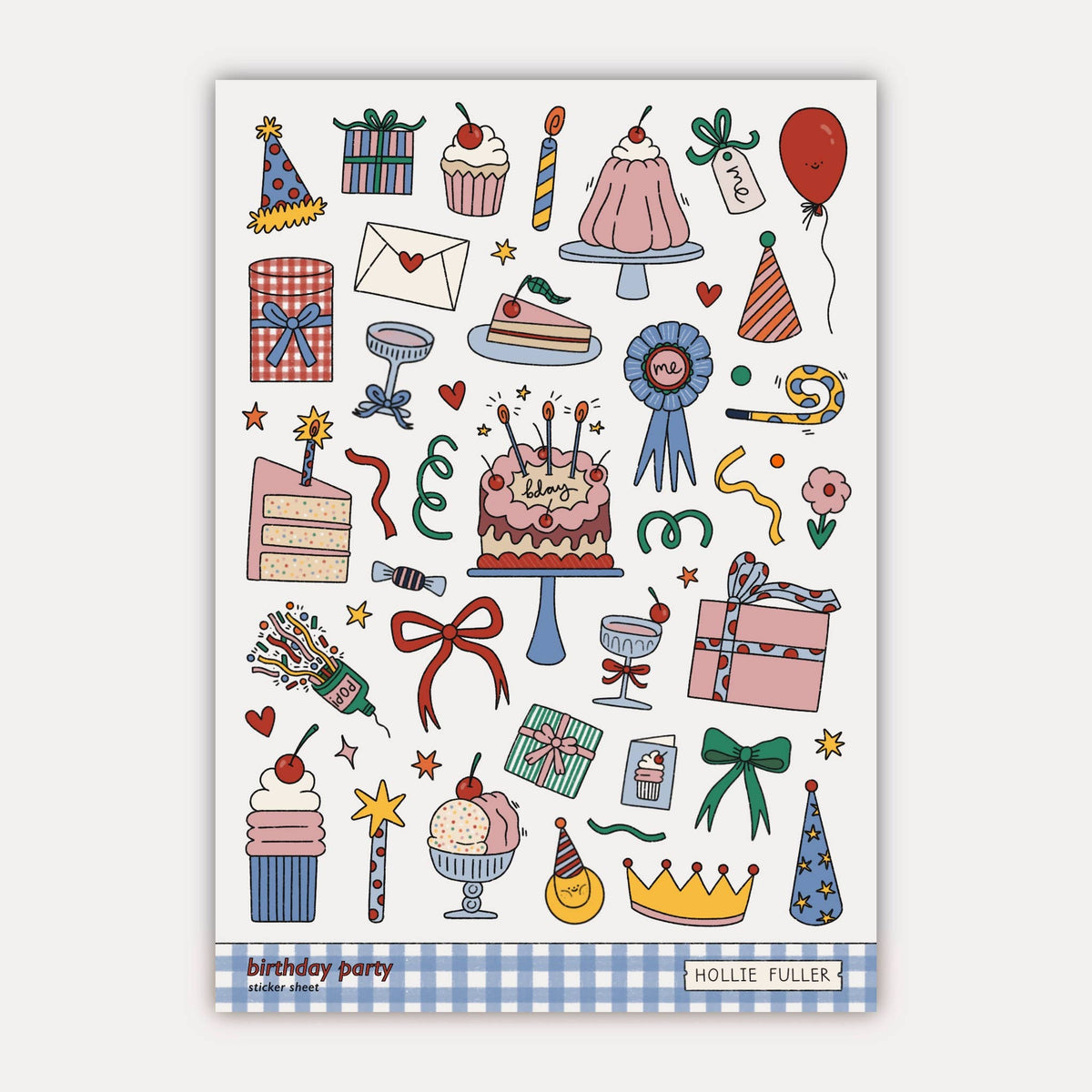 A6 Birthday Party mini sticker sheet with colourful celebration illustrations by Hollie Fuller