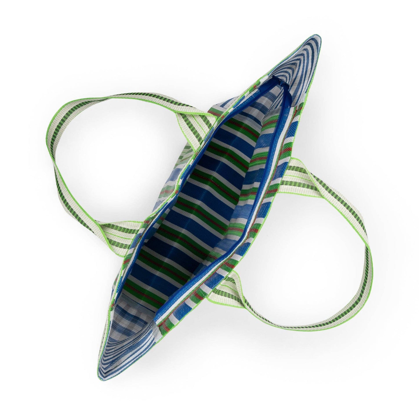 Spacious interior of the blue and green woven beach bag
