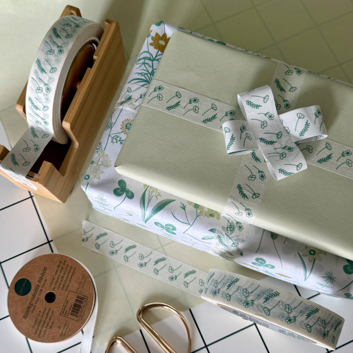 Green floral eco-friendly paper packing tape roll