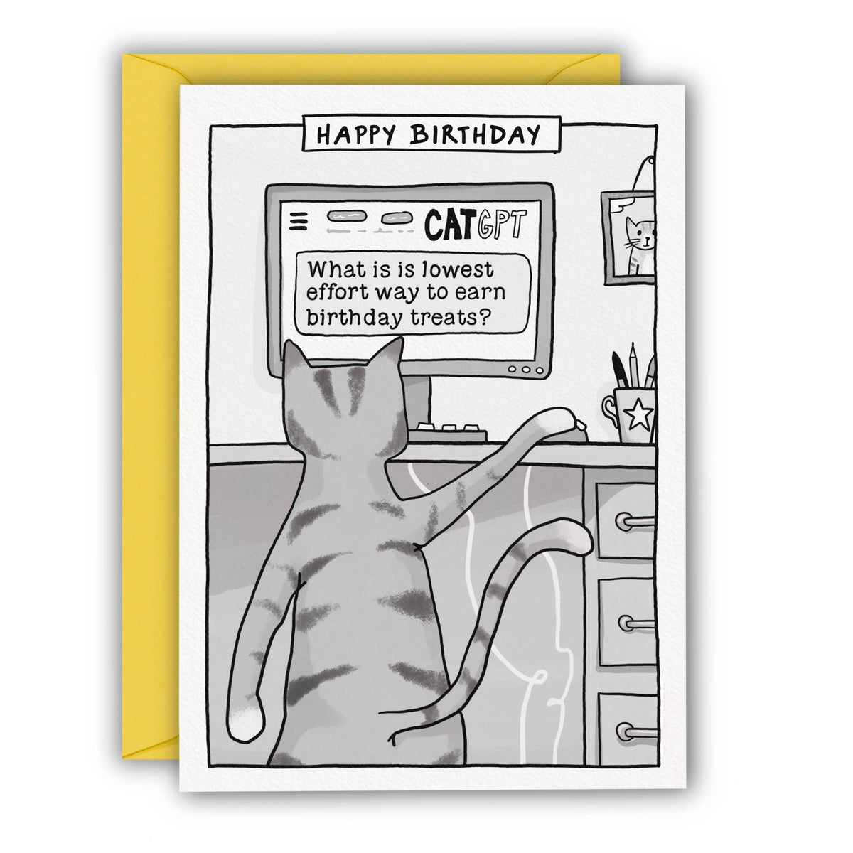 Funny Cat GPT comic style birthday card with yellow envelope