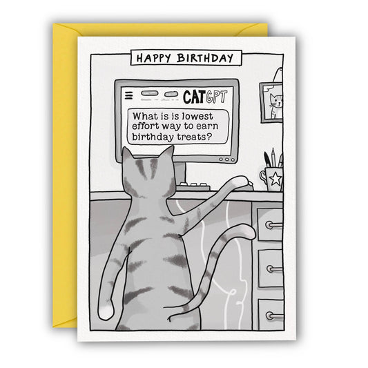 Funny Cat GPT comic style birthday card with yellow envelope