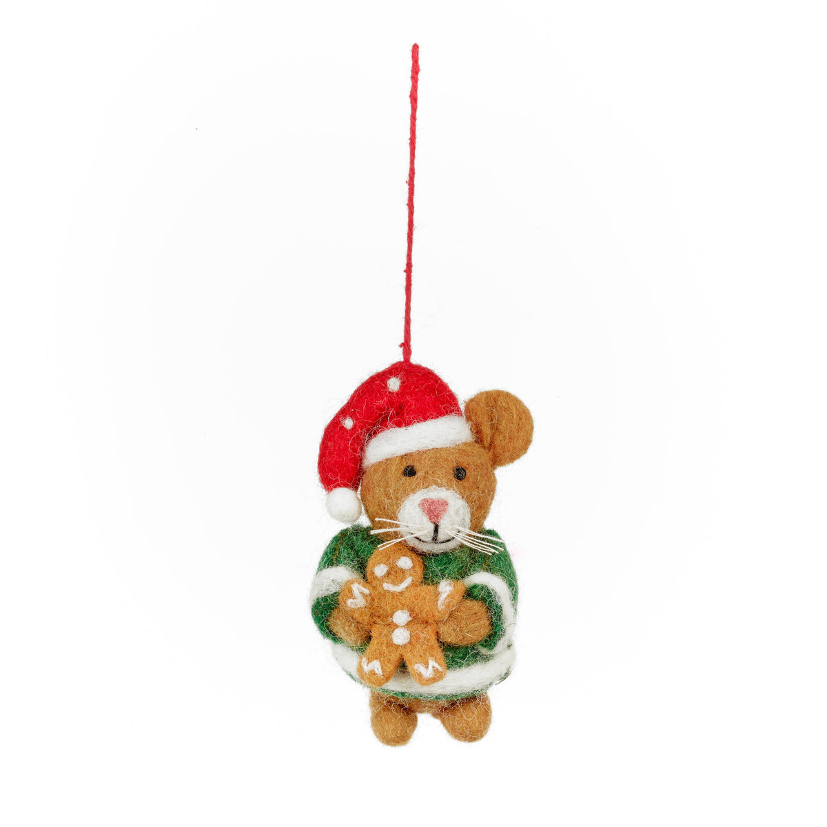 Close-up of felt Harvey hamster holding a gingerbread biscuit Christmas decoration
