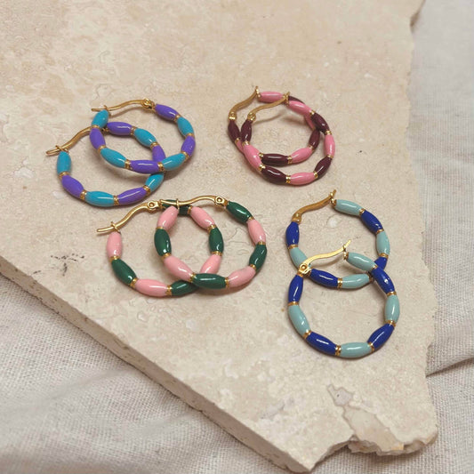 Gold plated Hoop with candy stripes enamel plating. 4 colours, Lilac + Turquoise, Pink + Maroon, Green + Pink, Light Blue + Dark Blue. 31 mm wide.