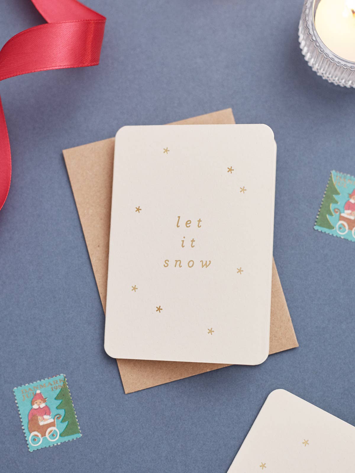 Let It Snow Mini Christmas Card by Another Loop, hot foil pressed gold stars, recycled coffee cup card stock, A7 size, eco-friendly, vintage typewriter art style