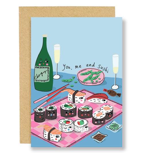 Illustration of a platter of sushi, a bottle of champagne and two champagne flutes. In  blues and pinks. The sushi and the bottle have playful animated faces.