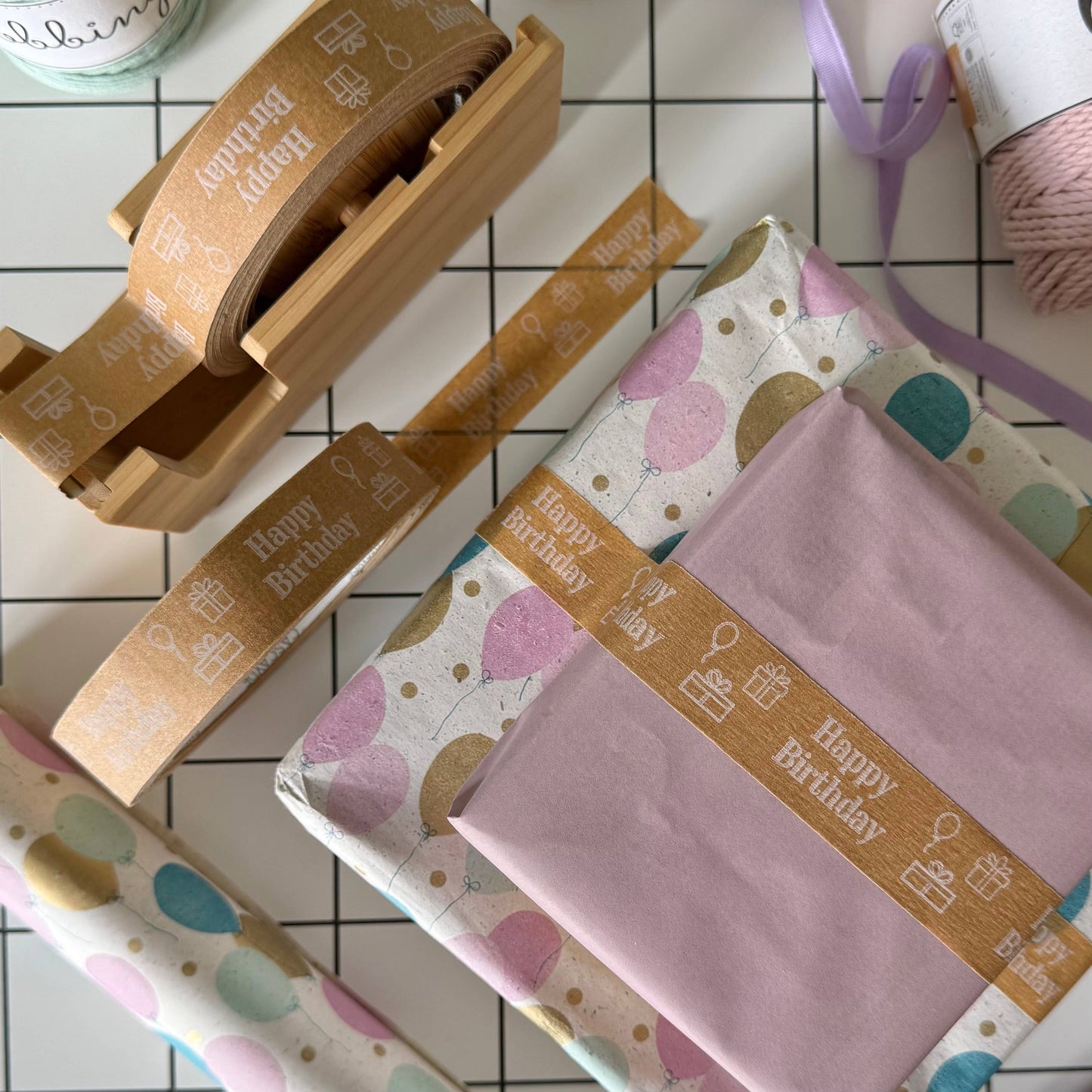 Recyclable birthday packing tape with white text