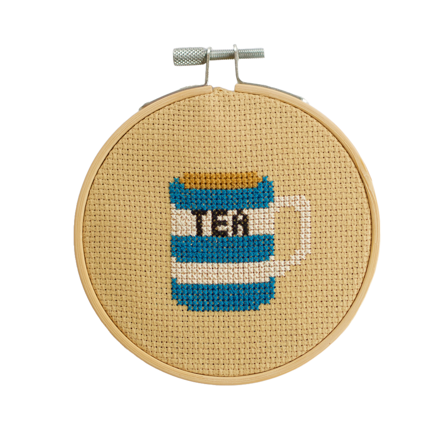 Finished Cup of Tea Cross Stitch Artwork | 11cm Wooden Hoop