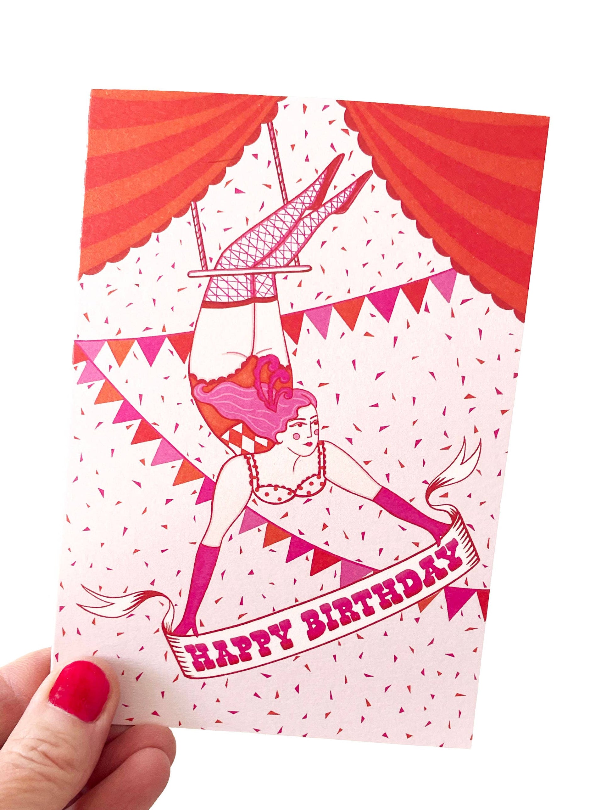 Circus Birthday Card A6 with trapeze artist illustration by Su Owen printed on sustainable Perlino Cotton paper, textured off-white sustainable certified board, UK made