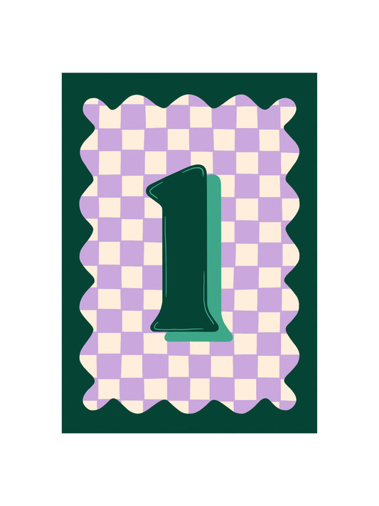 Close-up of an eco-friendly Age 1 birthday card made from recycled paper, with a brown kraft envelope, designed in the UK.