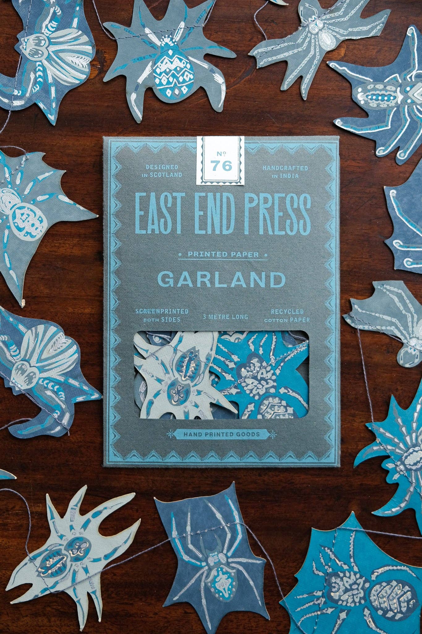 Hand-sewn recycled Halloween garland with 20 spooky screen-printed spiders