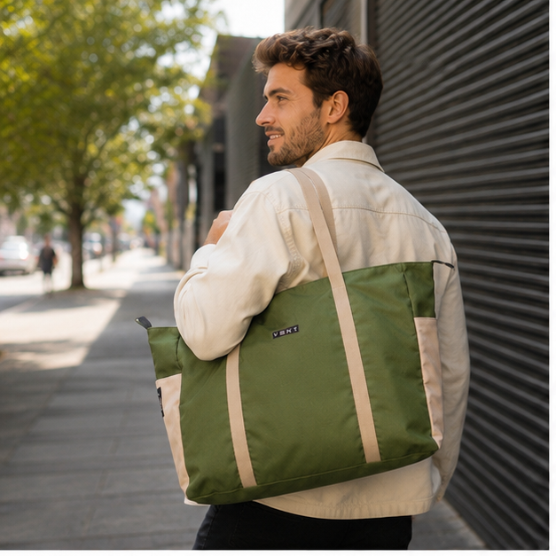 Green recycled ocean bound plastic shopper bag packed for daily use