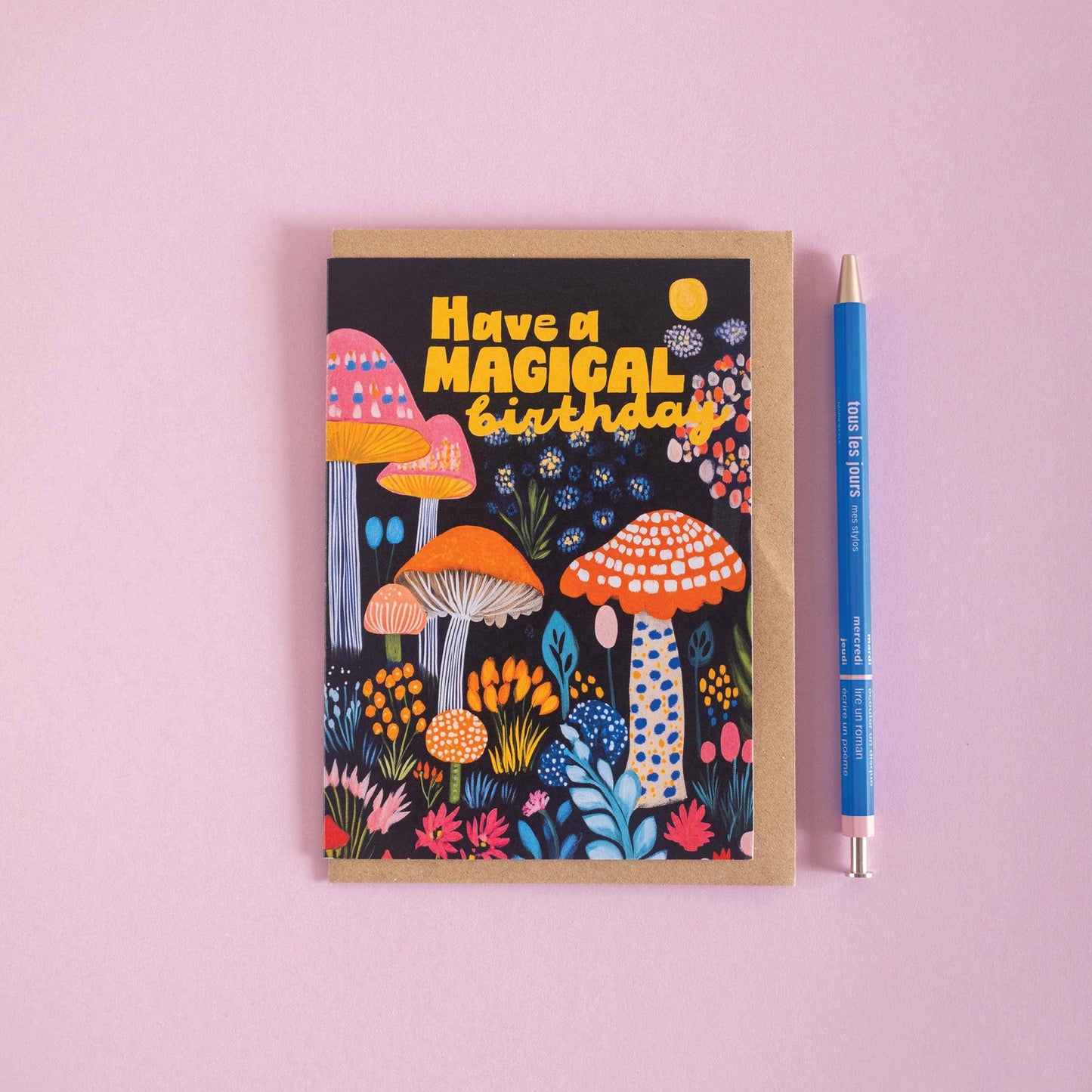 Magical Mushrooms eco friendly A6 birthday card with colourful illustrations