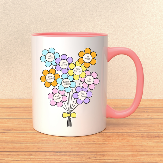 Affirmations to Lift You Up Ceramic Mug with pink handle