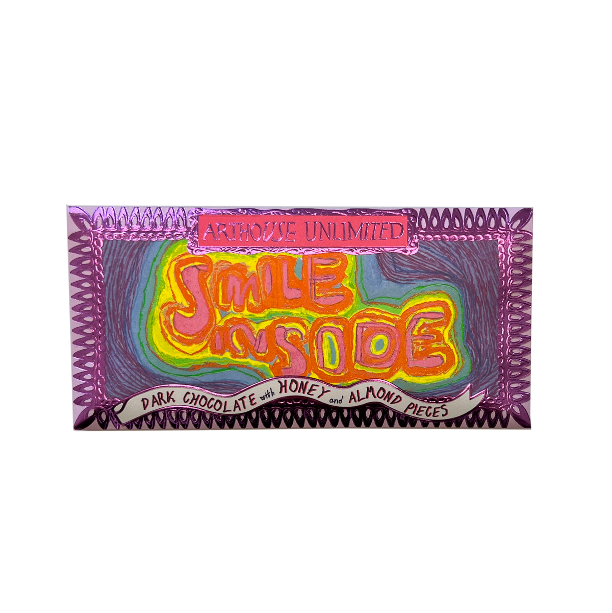Smile Inside dark chocolate bar with honey and almond pieces in recyclable packaging