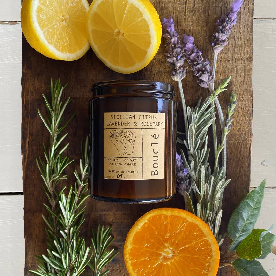 Sicilian Citrus, Lavender and Rosemary essential oil candle in a glass jar