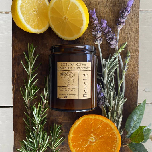 Sicilian Citrus, Lavender and Rosemary essential oil candle in a glass jar