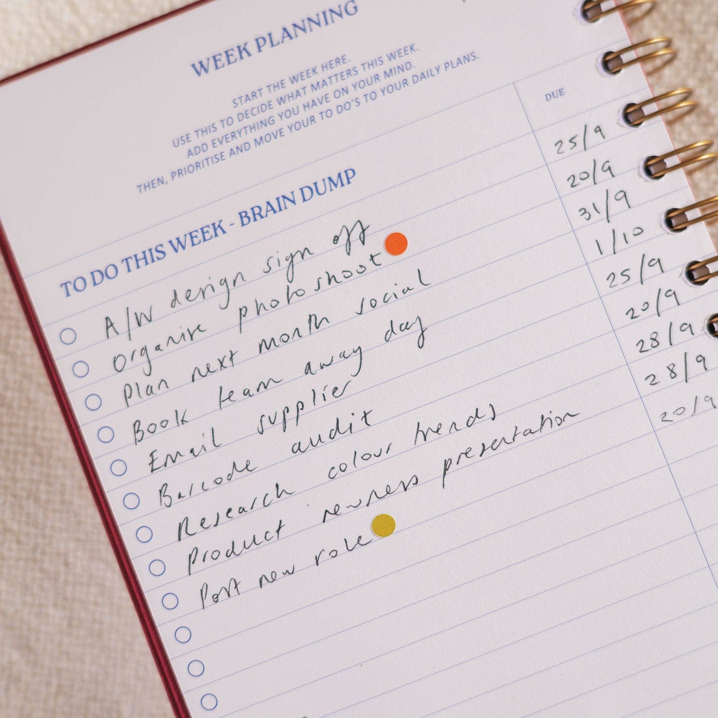Earthy green hardcover daily productivity planner on a desk