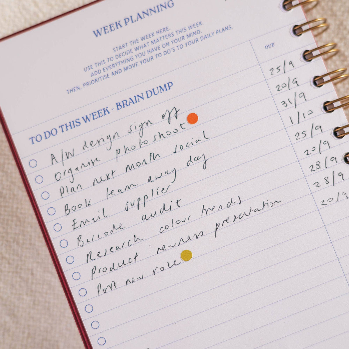 Earthy green hardcover daily productivity planner on a desk