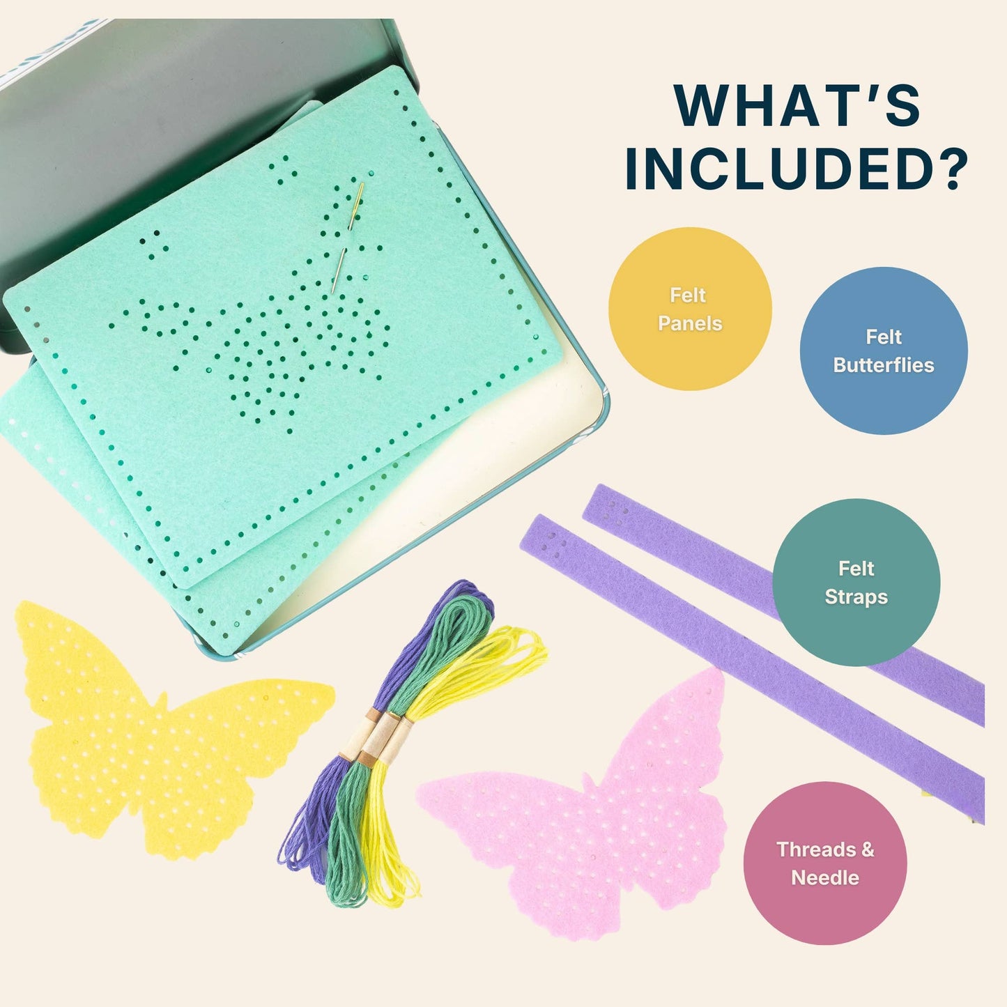 Child stitching a colourful felt butterfly onto a purple bag panel
