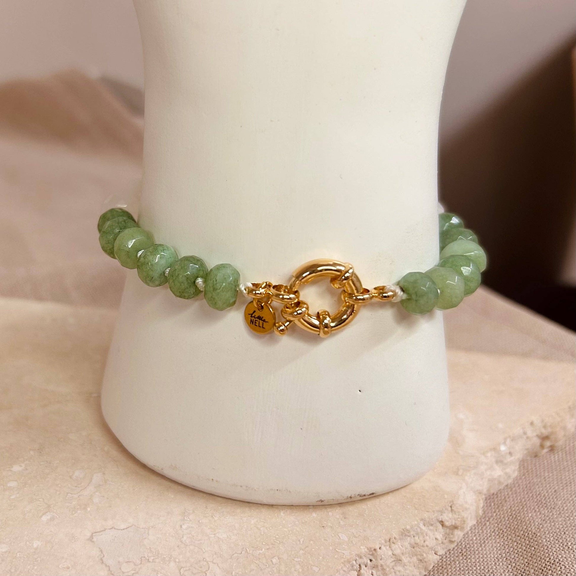 Little Nell chunky green beaded bracelet, 18k gold plated, handmade in the UK, 18cm.
