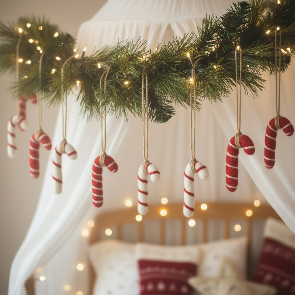 Eco-friendly felt candy cane hanging ornaments on festive background