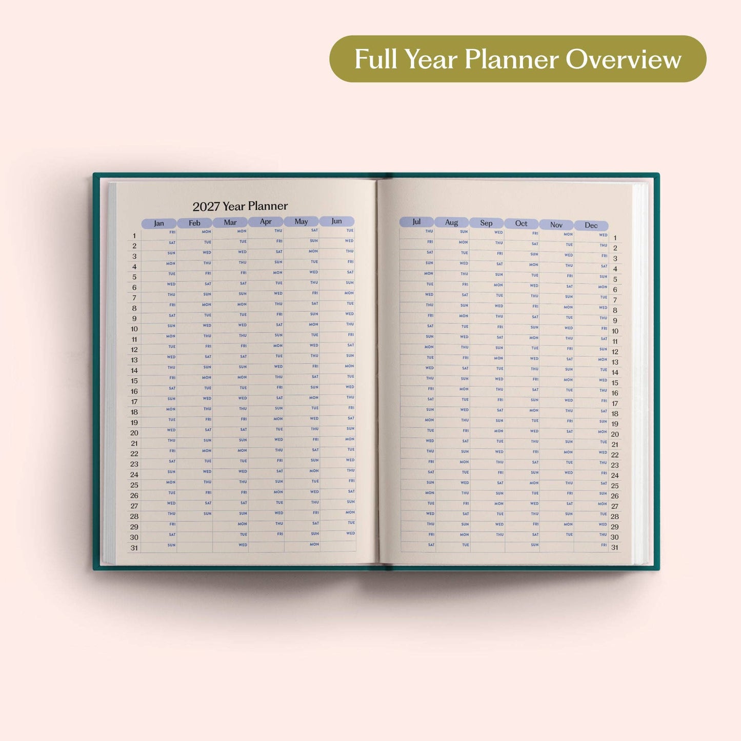 Monthly overview page in the 2027 Teal Planner