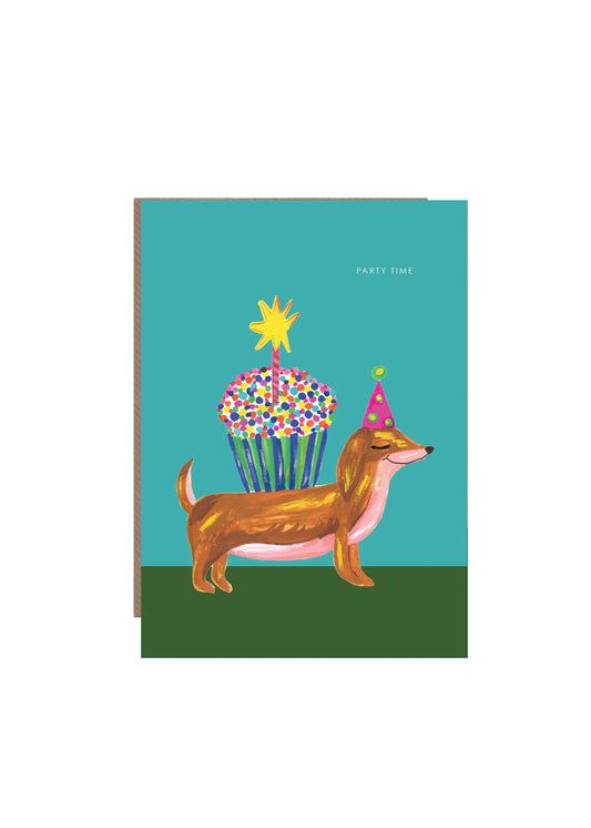 Our illustrated happy sausage dog and cake design is full of happy and joyful vibes, making it the perfect choice for a magical celebration, with wording 'PARTY TIME'.