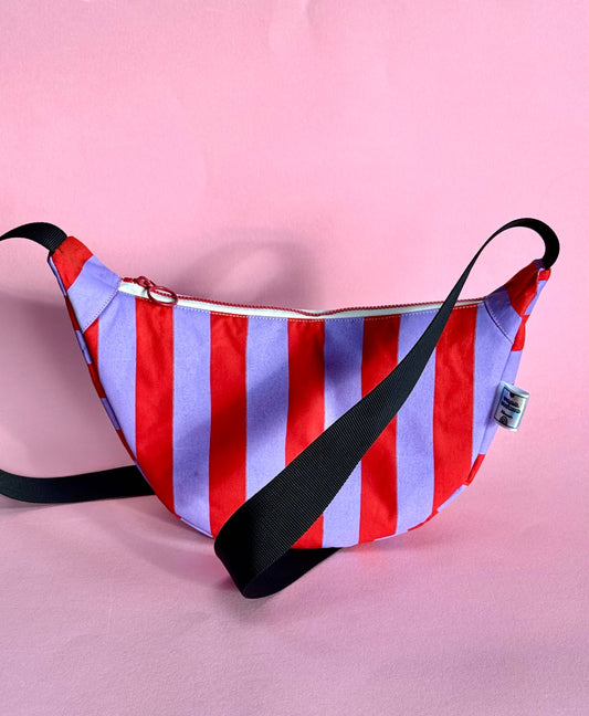 Lilac and Red stripes waxed canvas Sling bag 
