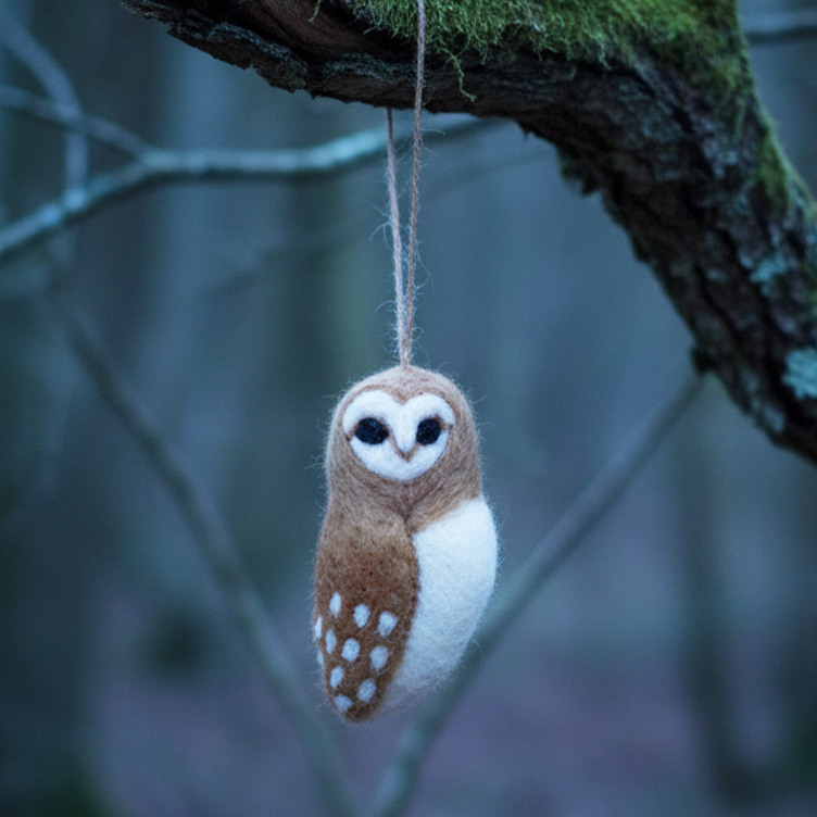Biodegradable wool barn owl decoration side view