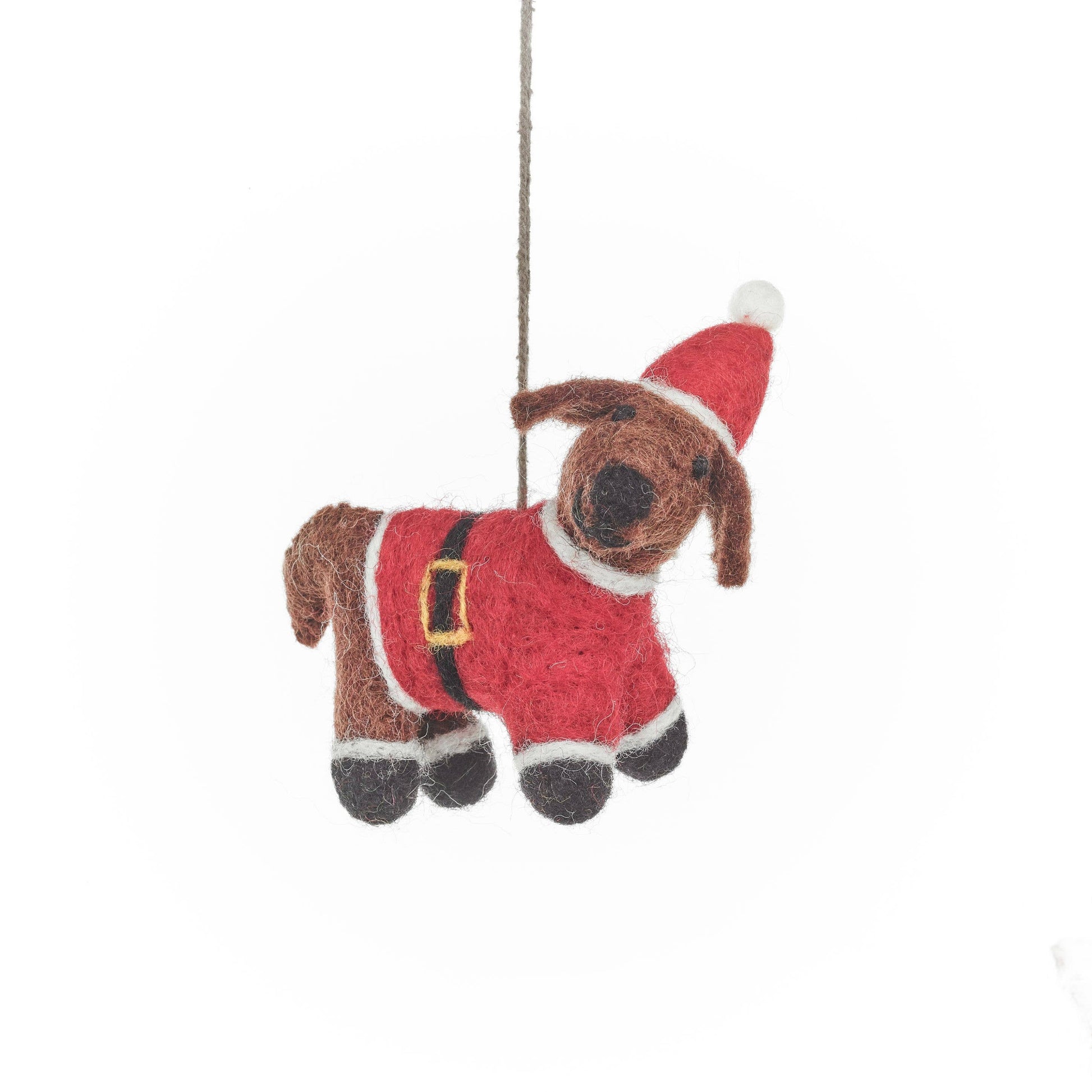 Handmade felt Christmas decoration set featuring mini Santa, Christmas angel, and festive dog, crafted from sustainable wool by Felt So Good.