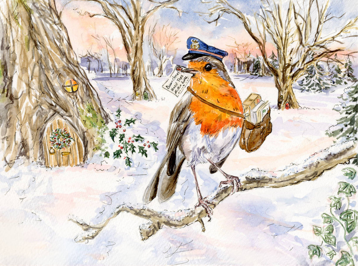 Robin Postman Watercolour Christmas Card with Kraft Envelope