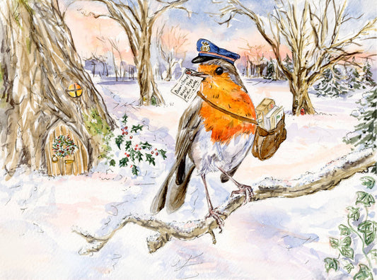 Robin Postman Watercolour Christmas Card with Kraft Envelope