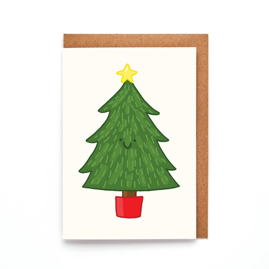 Mini Christmas Tree card, hand-drawn evergreen with star, happy face, UK-made sustainable paper, A7 size