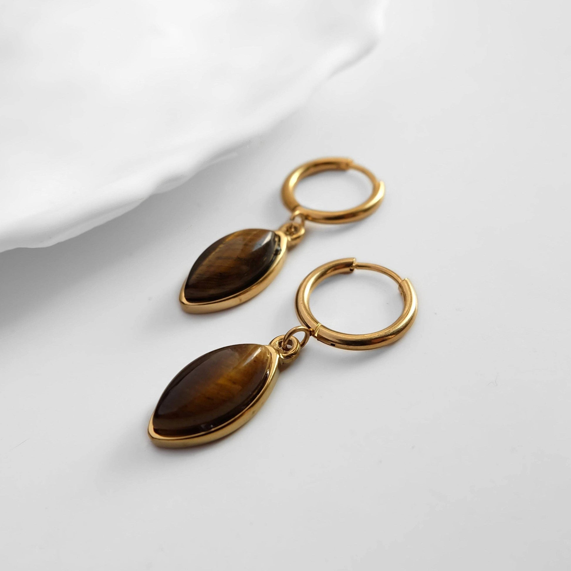 Tiger's Eye Gold Dangle Hoop Earrings