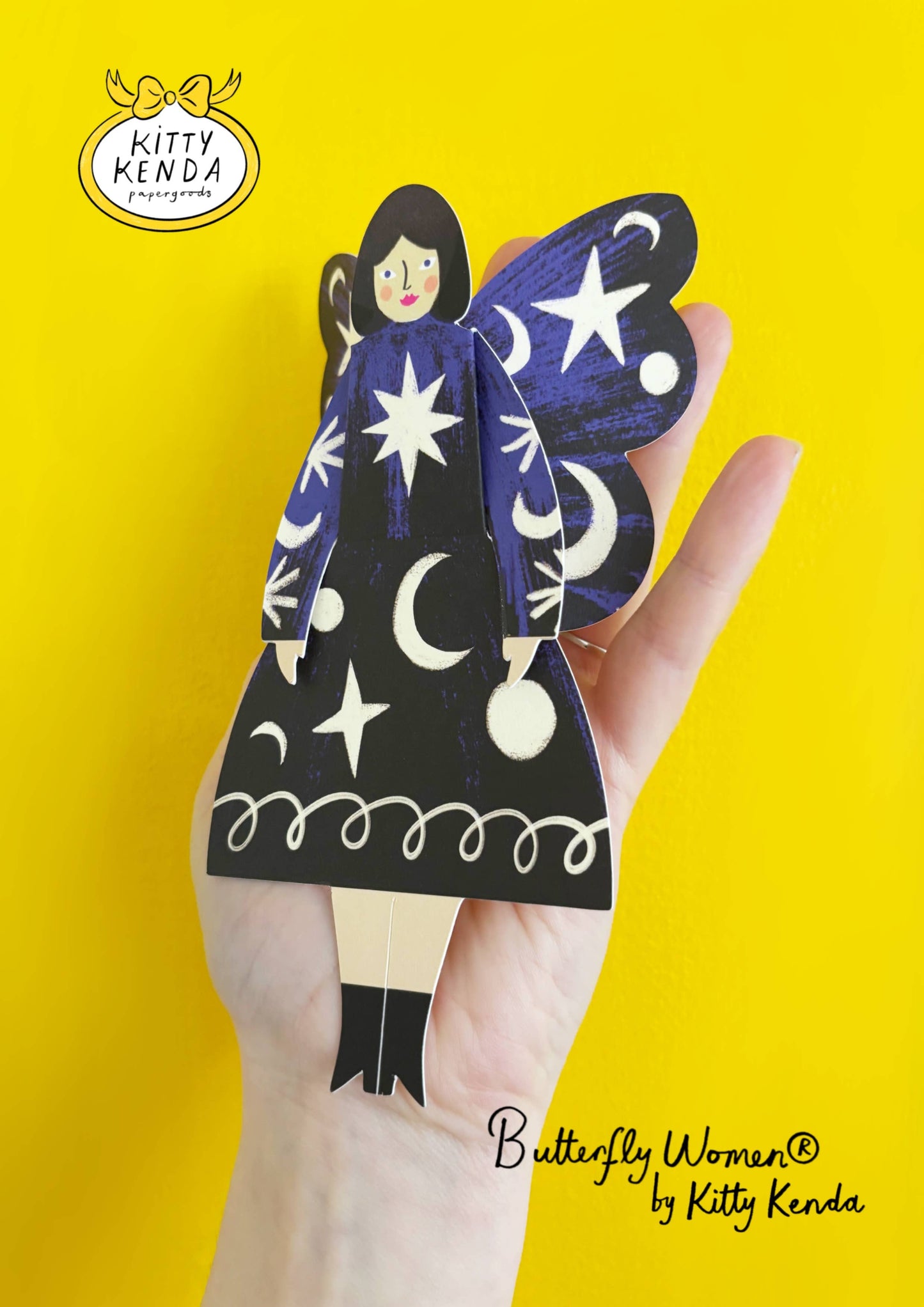 Butterfly Woman Sitting Greeting Card in Cosmic design, 3D foldable, Kitty Kenda Papergoods, UK-made