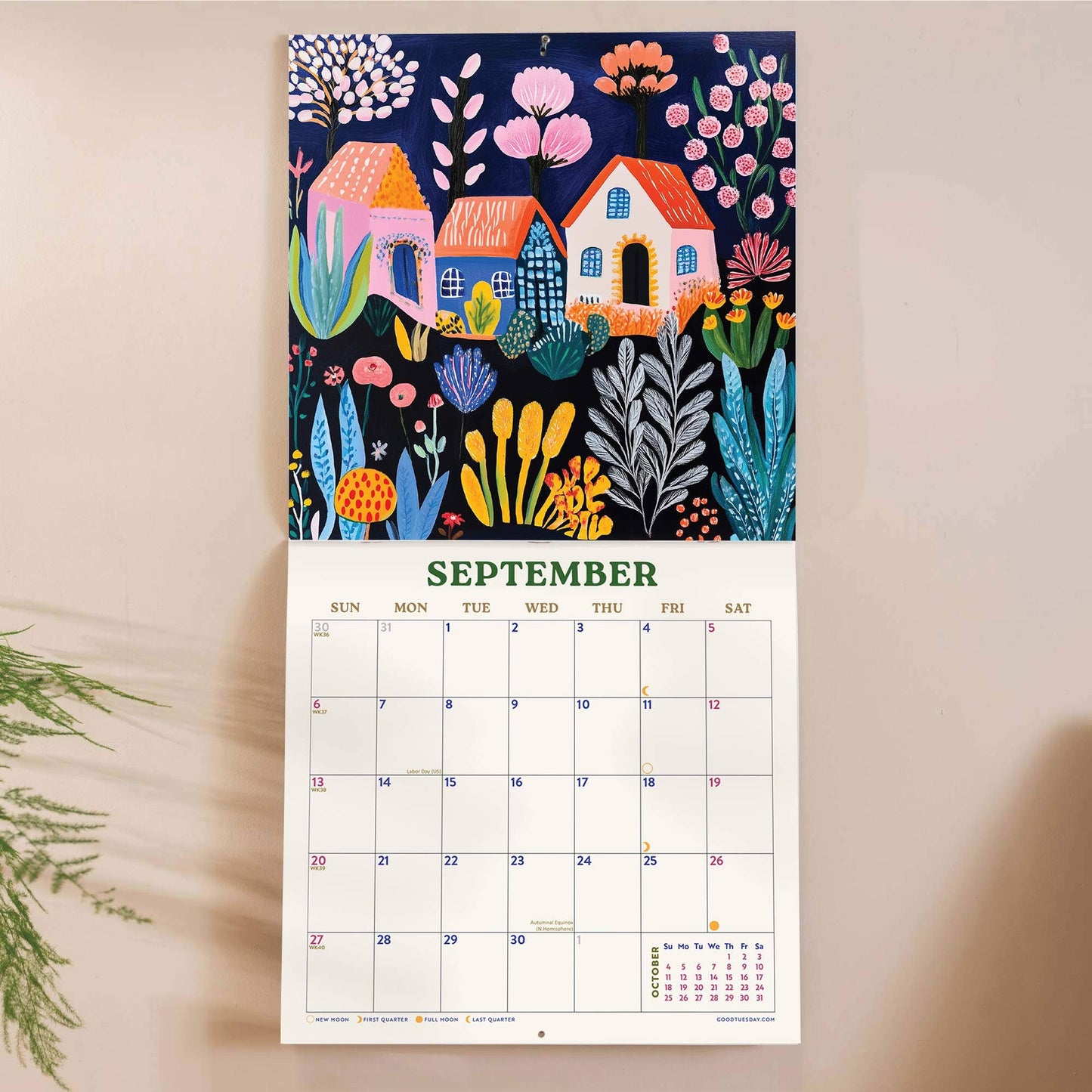 2026 Folk Art Plantscapes Wall Calendar by Good Tuesday—colourful botanical folk art, large grid, recycled paper, UK printed, ready for wall display.