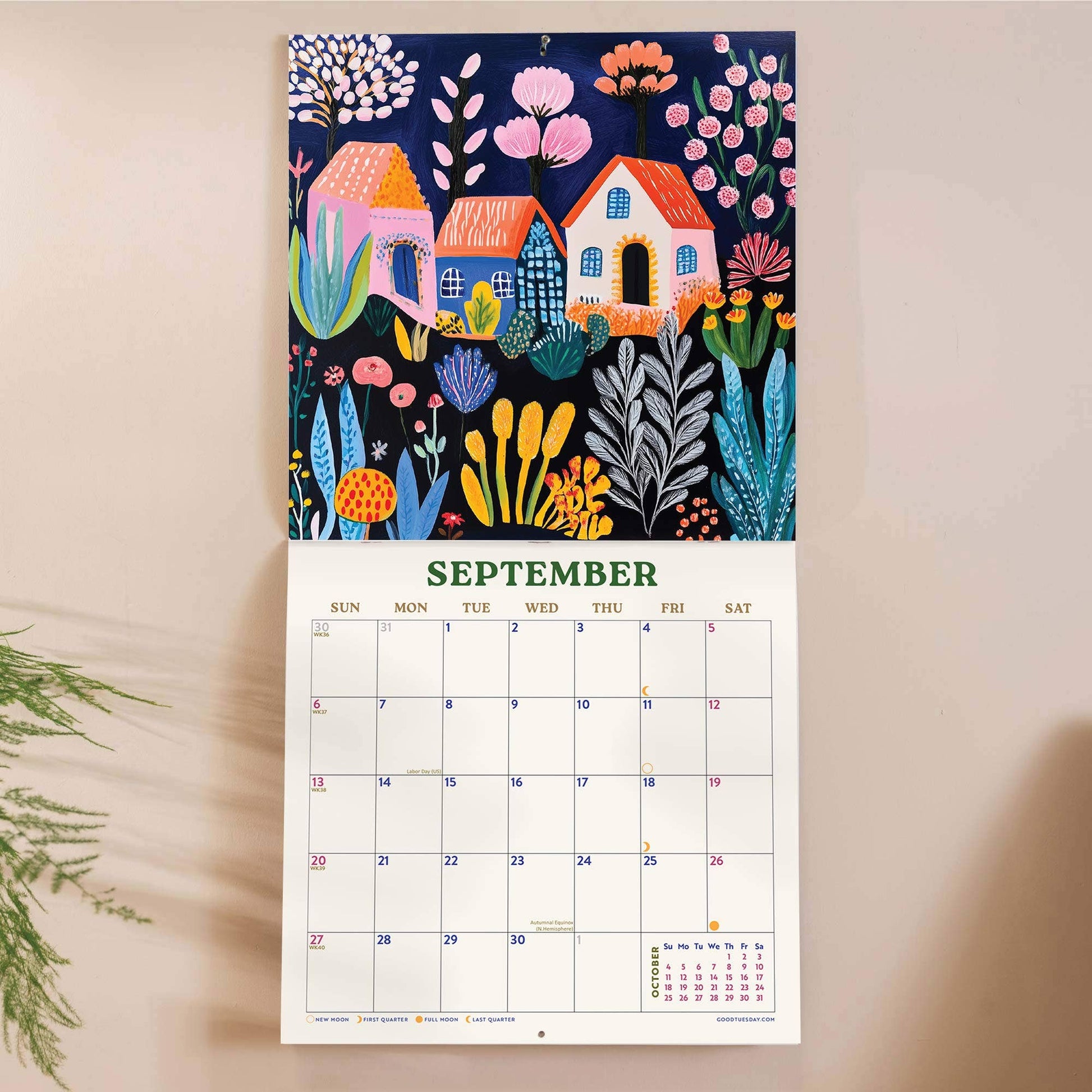 2026 Folk Art Plantscapes Wall Calendar by Good Tuesday—colourful botanical folk art, large grid, recycled paper, UK printed, ready for wall display.