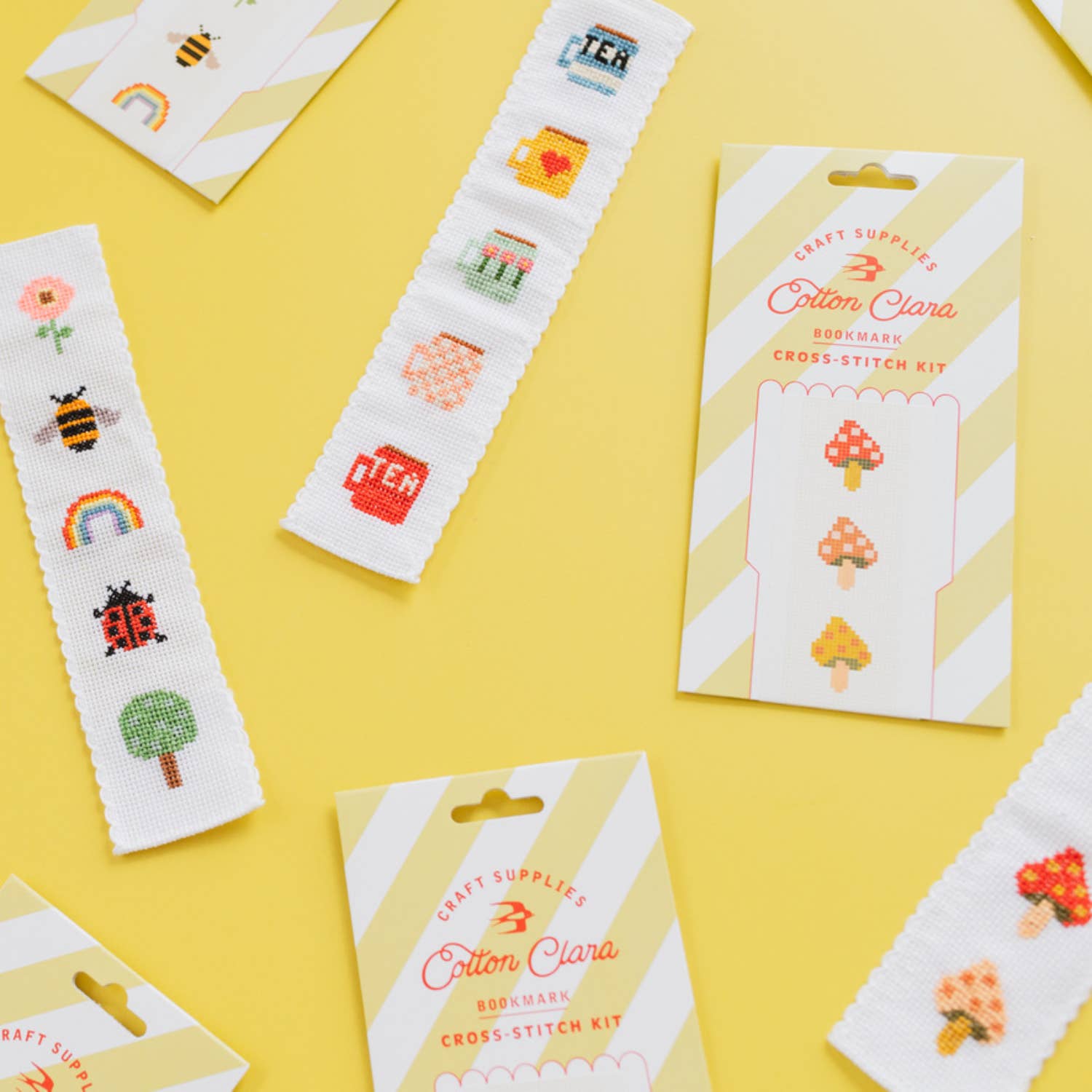 Finished cross stitched bookmark with tea mug design